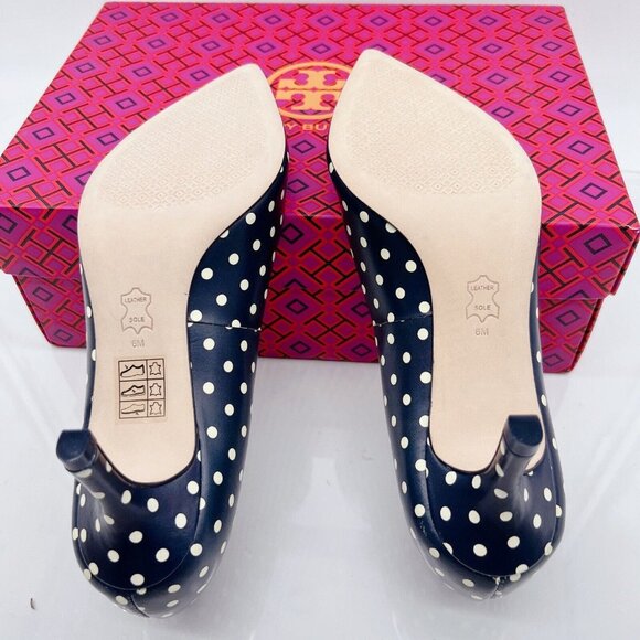 Tory Burch Penelope 65MM Polka A Dot Pointed Toe Heel Pump Blue Leather US 6 - Picture 9 of 9